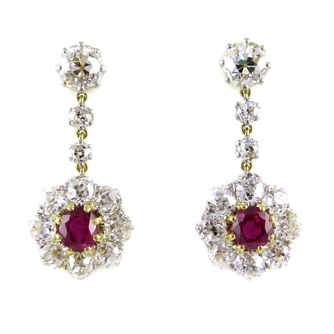 Pair of ruby and diamond cluster pendant earrings | MasterArt